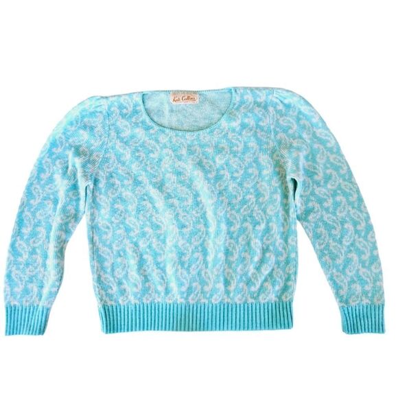 Vintage Kate Collins Blue Knit Puff Shoulder Paisley Pattern Crew Neck Sweater S - Picture 1 of 6